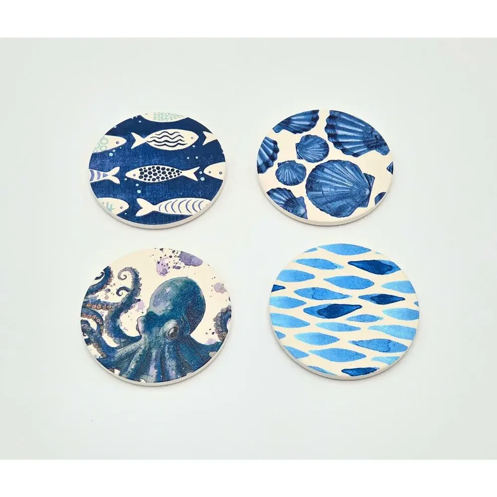 Blue Coastal Watercolor Ceramic Coaster Set – Ocean Art Tiles (Set of 4)